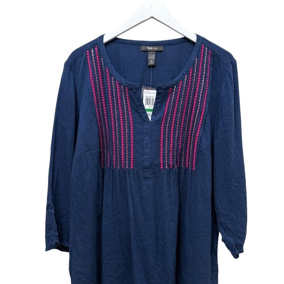 Style & Co. Womens Top Large Boho Blue Crinkle Cotton Viscose Tunic Blouse NEW - Picture 3 of 8